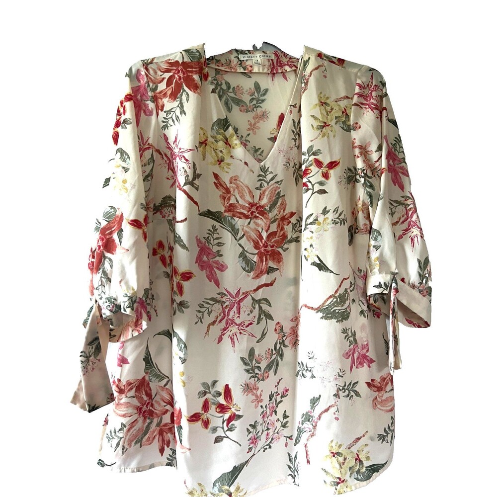 Violet & Claire White & Floral print V-Neck with Tie Sleeves SIZE 1X